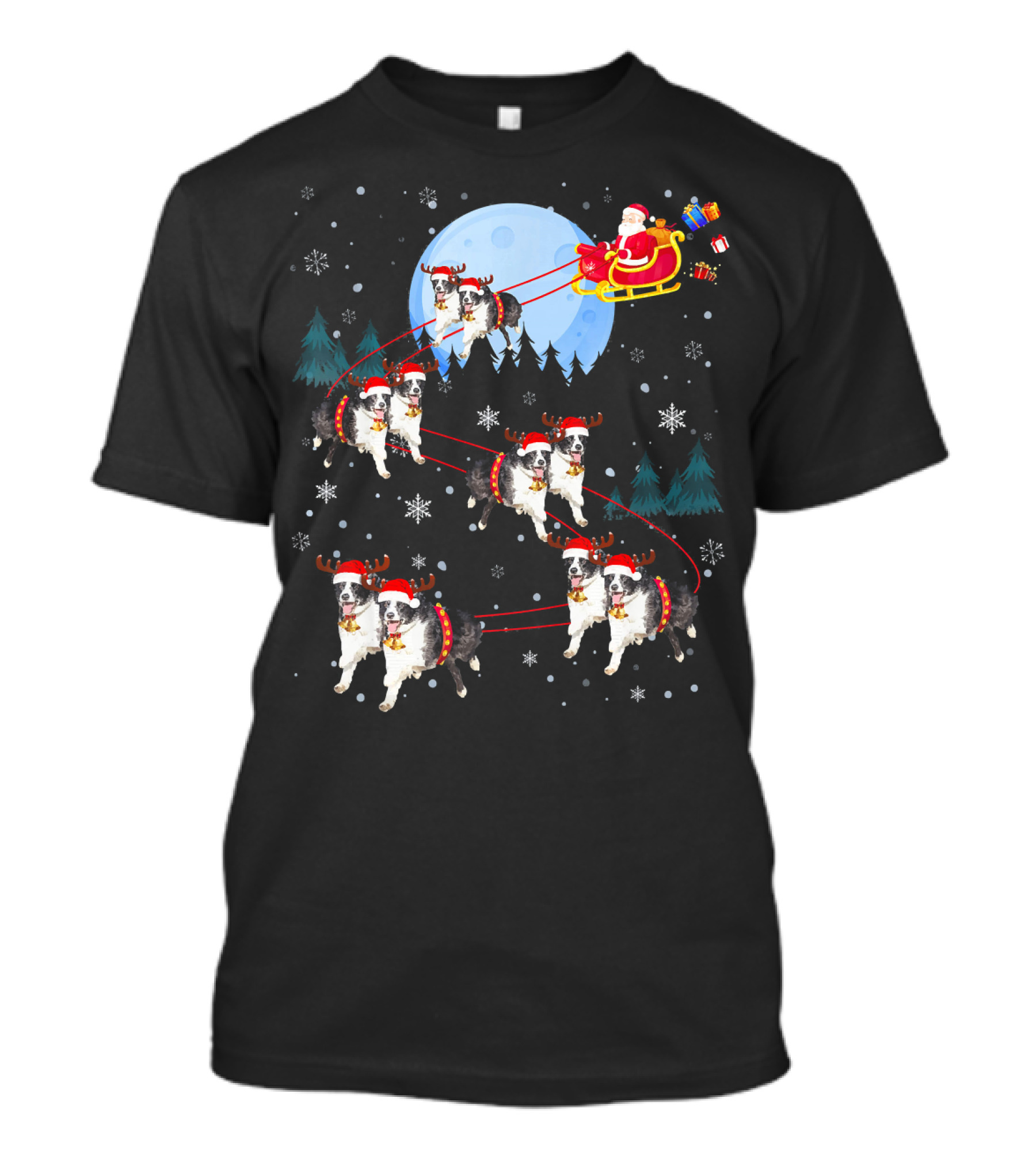 Border Collie Reindeer Santa Sleigh Under Full Moon T-Shirt