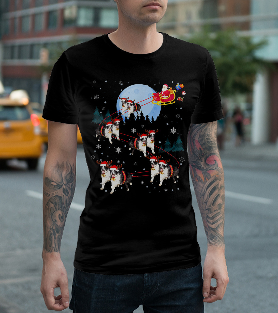 Border Collie Reindeer Santa Sleigh Under Full Moon T-Shirt