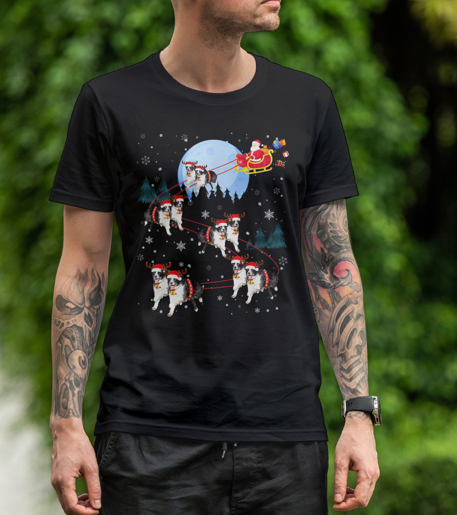 Border Collie Reindeer Santa Sleigh Under Full Moon T-Shirt