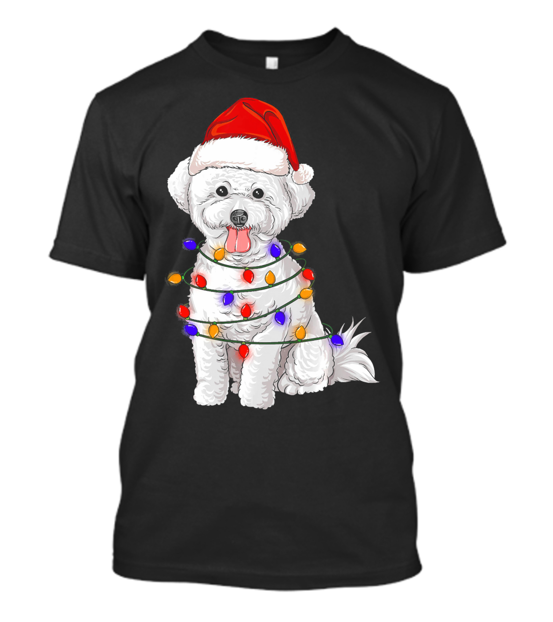 Bichon Frise With Santa Hat And Christmas Lights T-Shirt