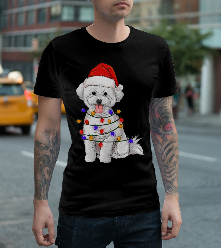 Bichon Frise With Santa Hat And Christmas Lights T-Shirt