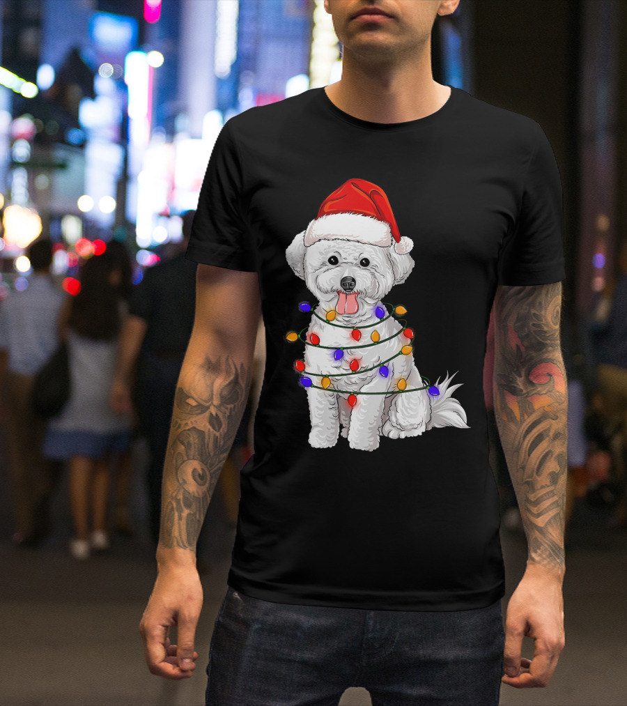 Bichon Frise With Santa Hat And Christmas Lights T-Shirt
