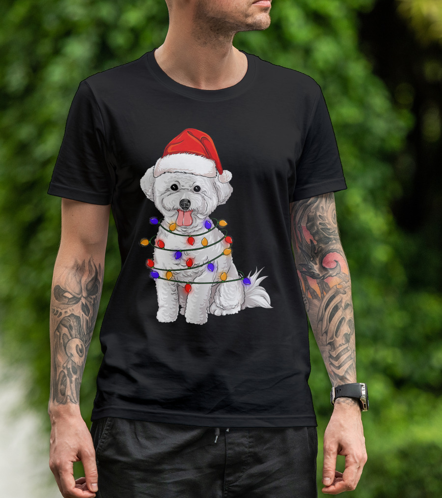 Bichon Frise With Santa Hat And Christmas Lights T-Shirt