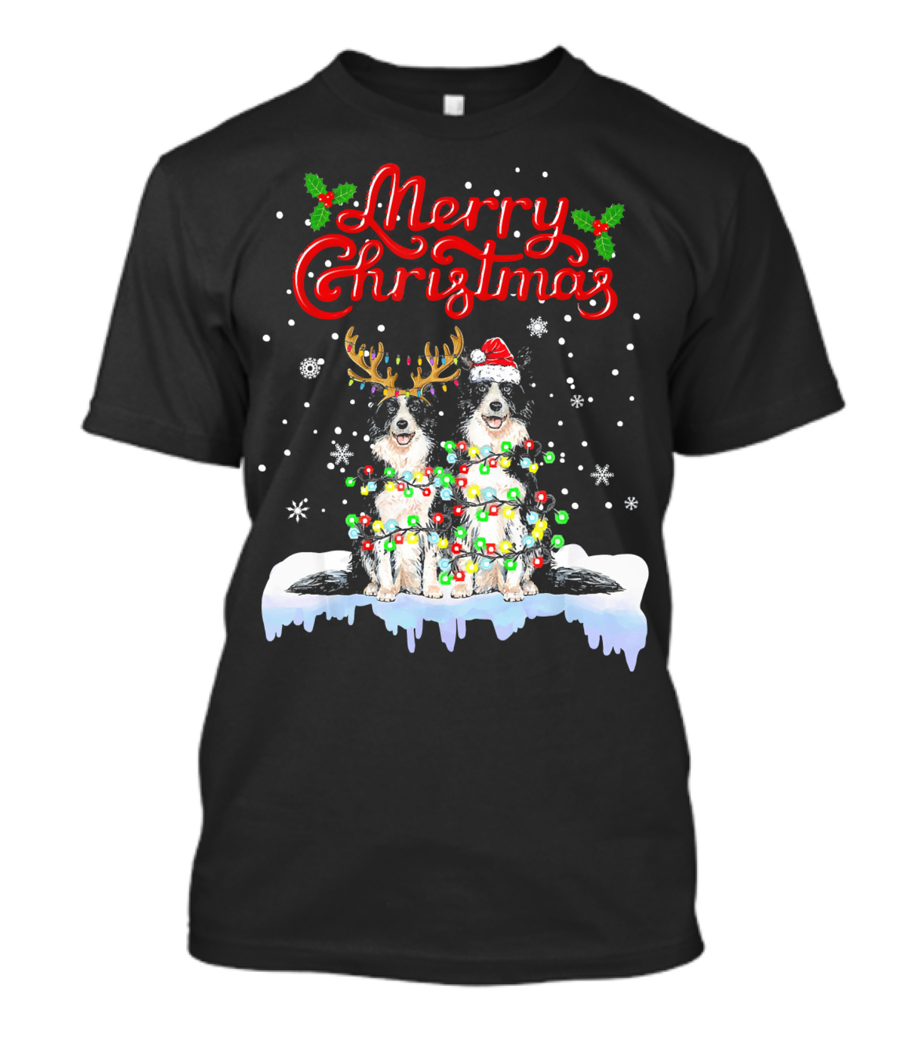Merry Christmas Border Collie With Lights And Antlers Santa Hat T-Shirt
