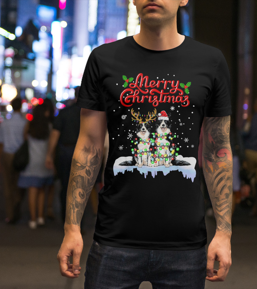 Merry Christmas Border Collie With Lights And Antlers Santa Hat T-Shirt