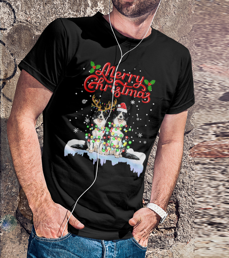 Merry Christmas Border Collie With Lights And Antlers Santa Hat T-Shirt