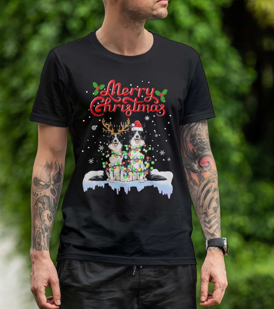 Merry Christmas Border Collie With Lights And Antlers Santa Hat T-Shirt