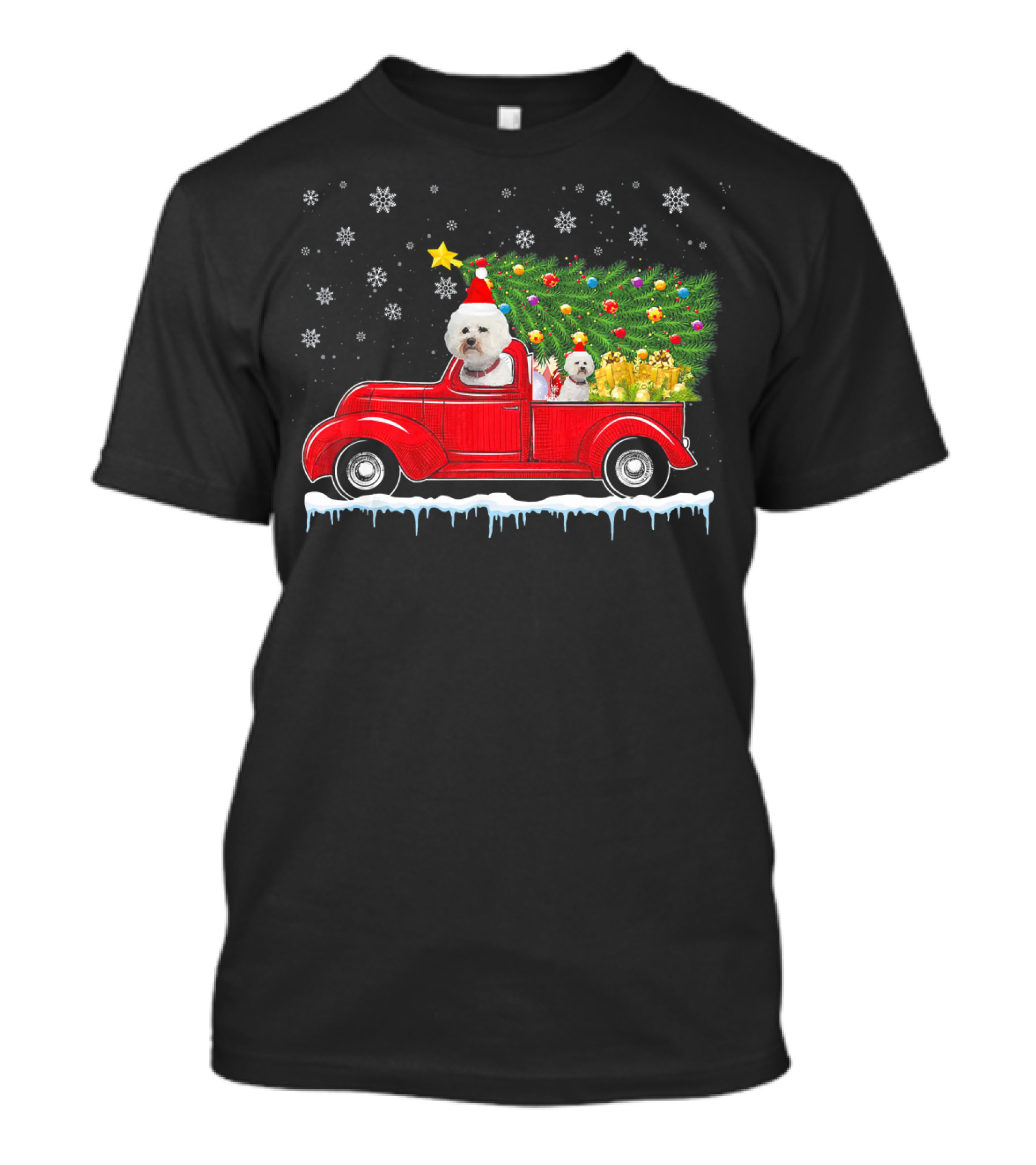 Bichon Frise Red Truck Christmas Tree Snowflakes T-Shirt