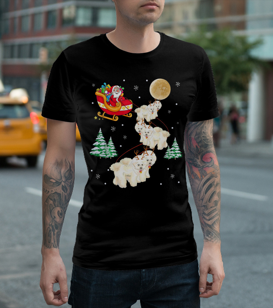 Santa's Sleigh Bichon Frise Reindeer Christmas Moon Snowflakes T-Shirt