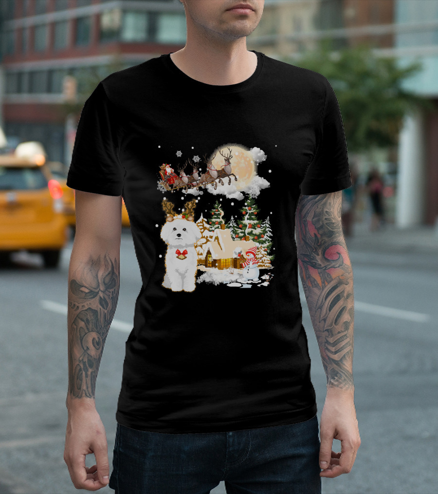 Bichon Frise Christmas Wonderland with Santa and Reindeer T-Shirt