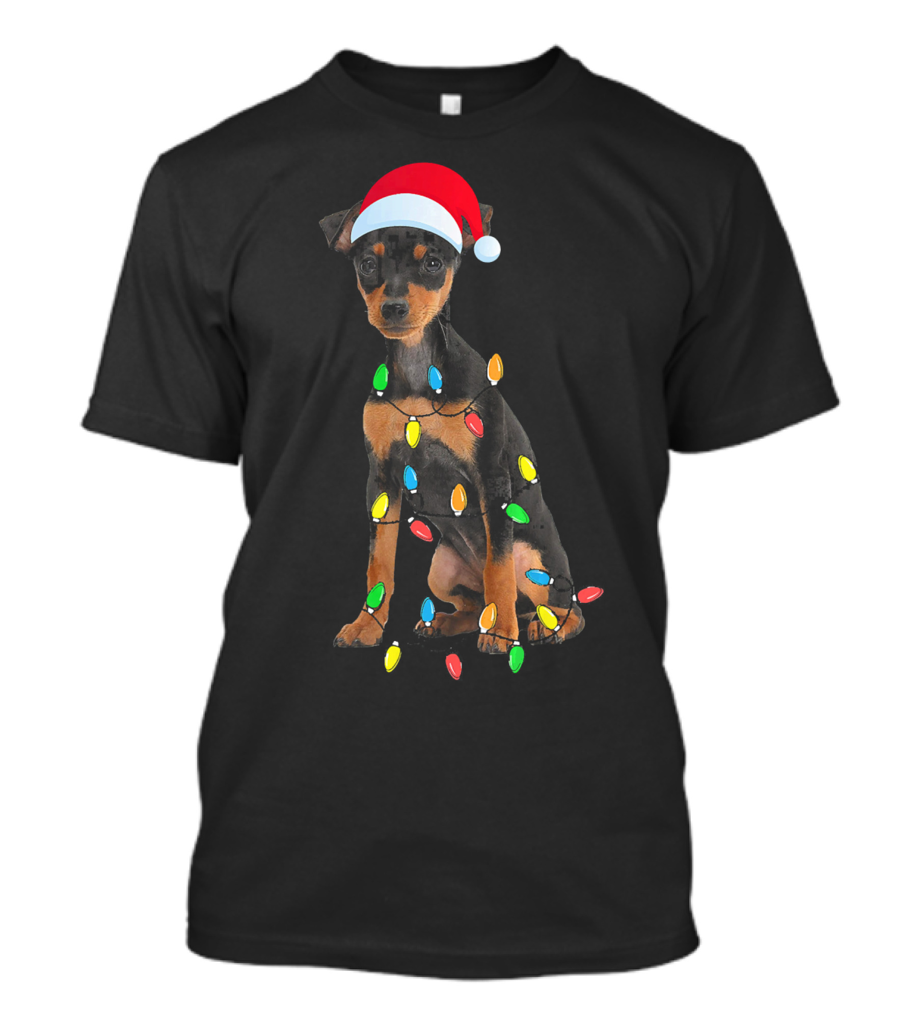 Festive Miniature Pinscher With Santa Hat And Christmas Lights T-Shirt