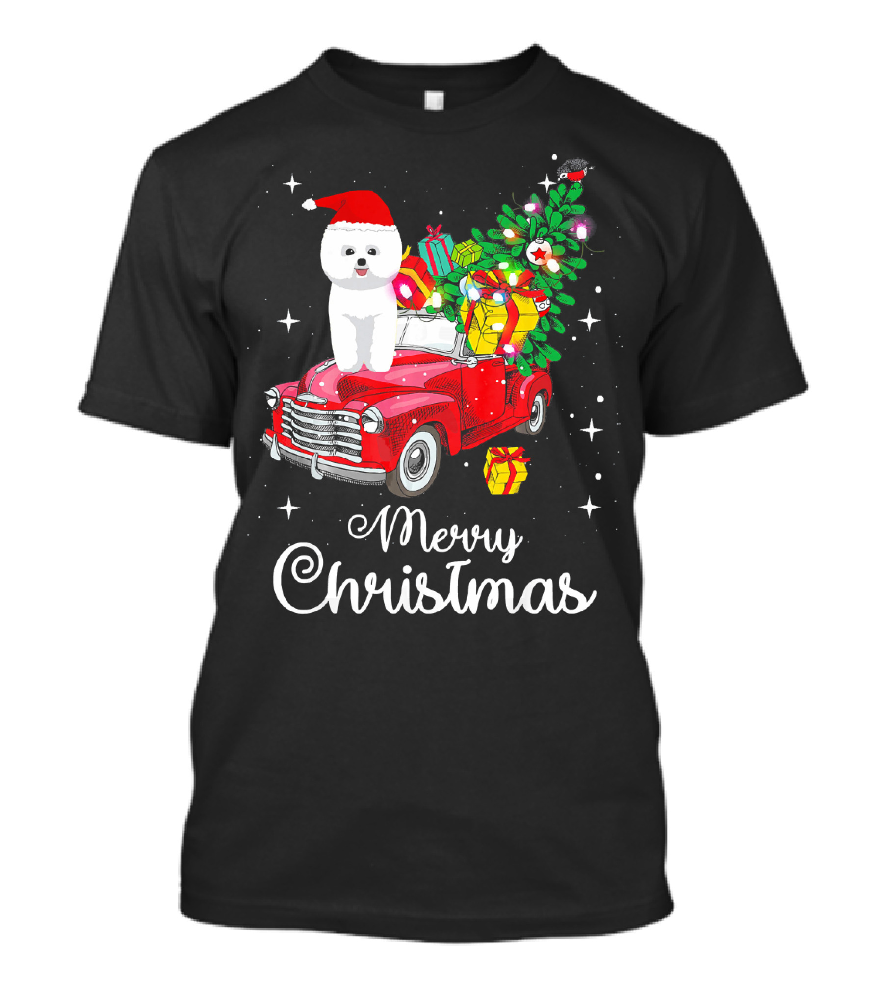 Merry Christmas Bichon Frise Santa Hat On Red Truck With Gifts And Tree T-Shirt