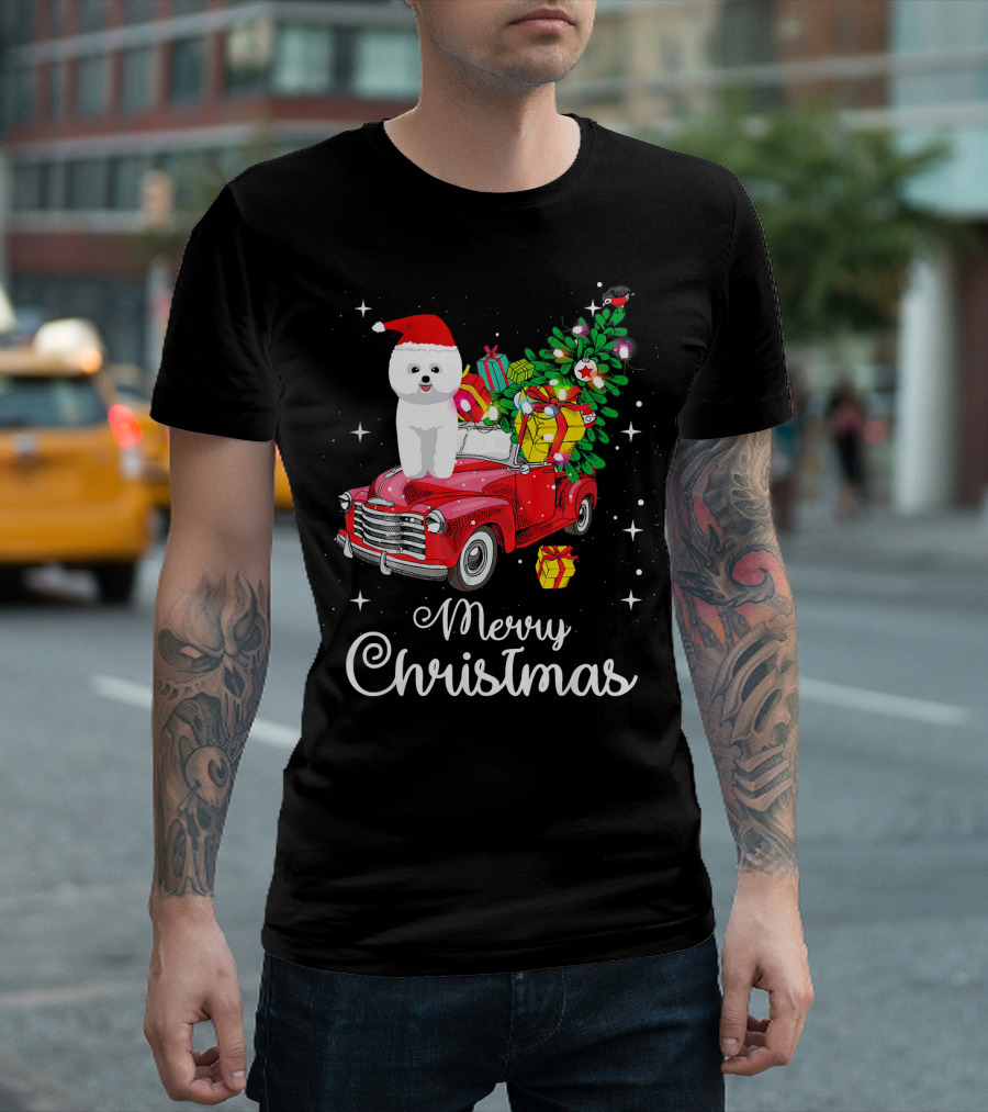 Merry Christmas Bichon Frise Santa Hat On Red Truck With Gifts And Tree T-Shirt