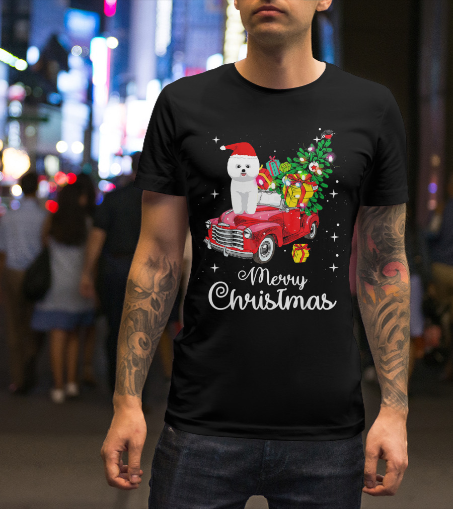 Merry Christmas Bichon Frise Santa Hat On Red Truck With Gifts And Tree T-Shirt