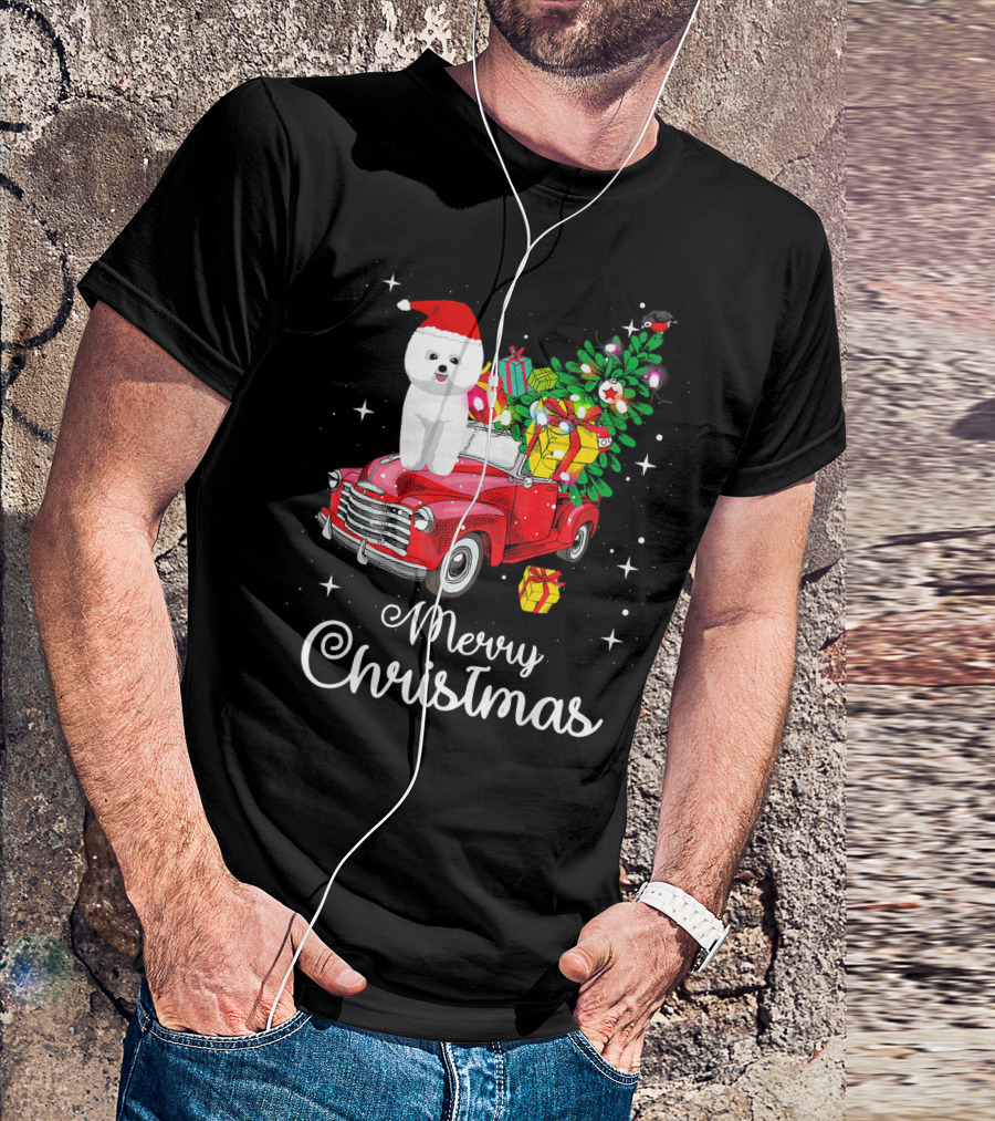 Merry Christmas Bichon Frise Santa Hat On Red Truck With Gifts And Tree T-Shirt