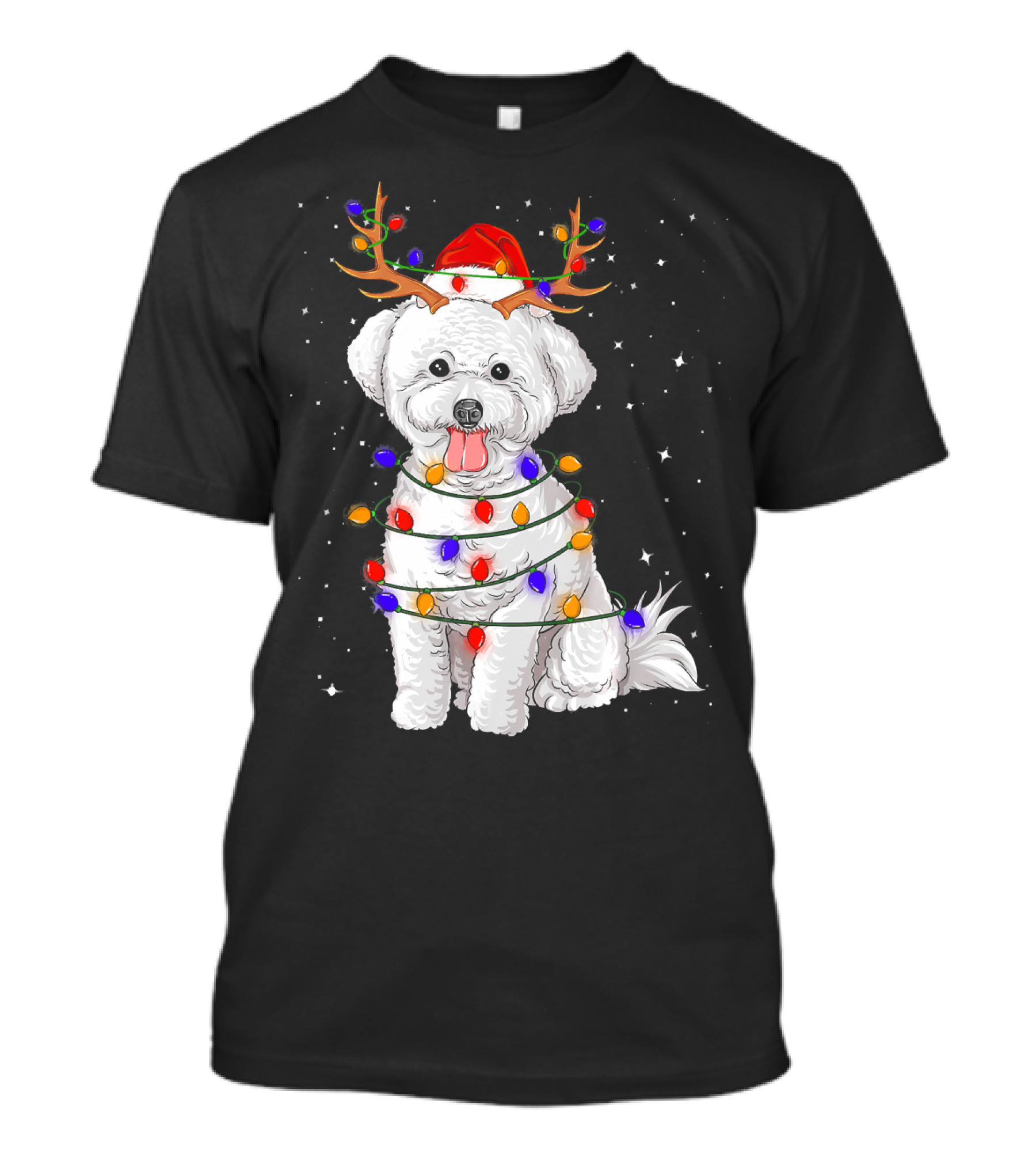 Bichon Frise Wrapped With Christmas Lights And Reindeer Antlers T-Shirt