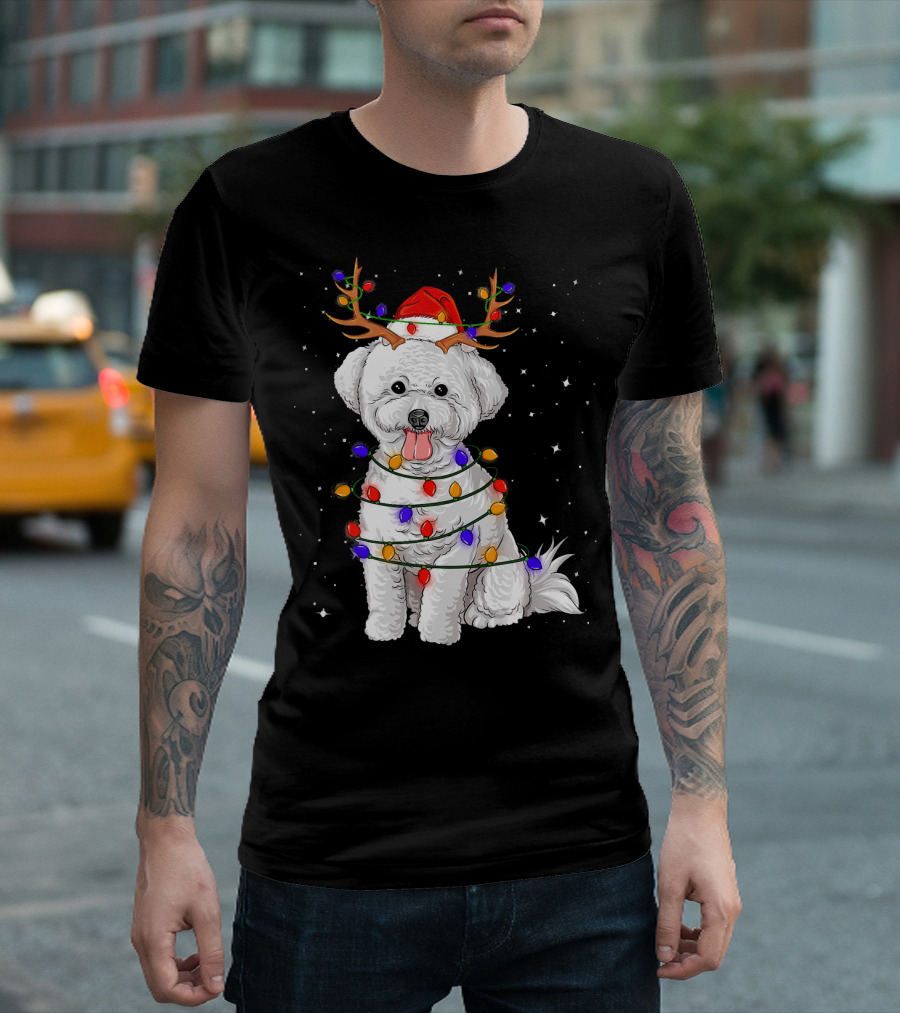 Bichon Frise Wrapped With Christmas Lights And Reindeer Antlers T-Shirt