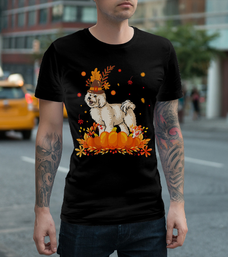Cute Bichon Frise Autumn Pumpkins And Harvest Hat T-Shirt