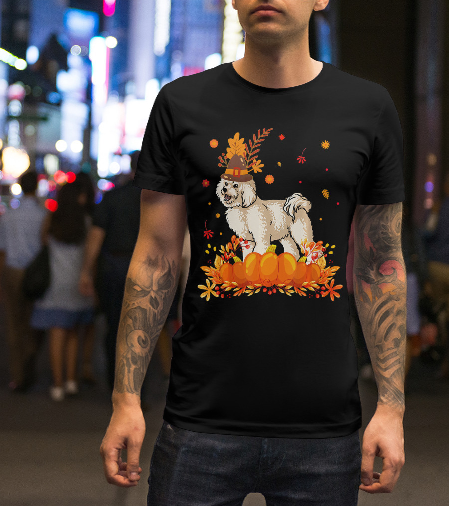 Cute Bichon Frise Autumn Pumpkins And Harvest Hat T-Shirt