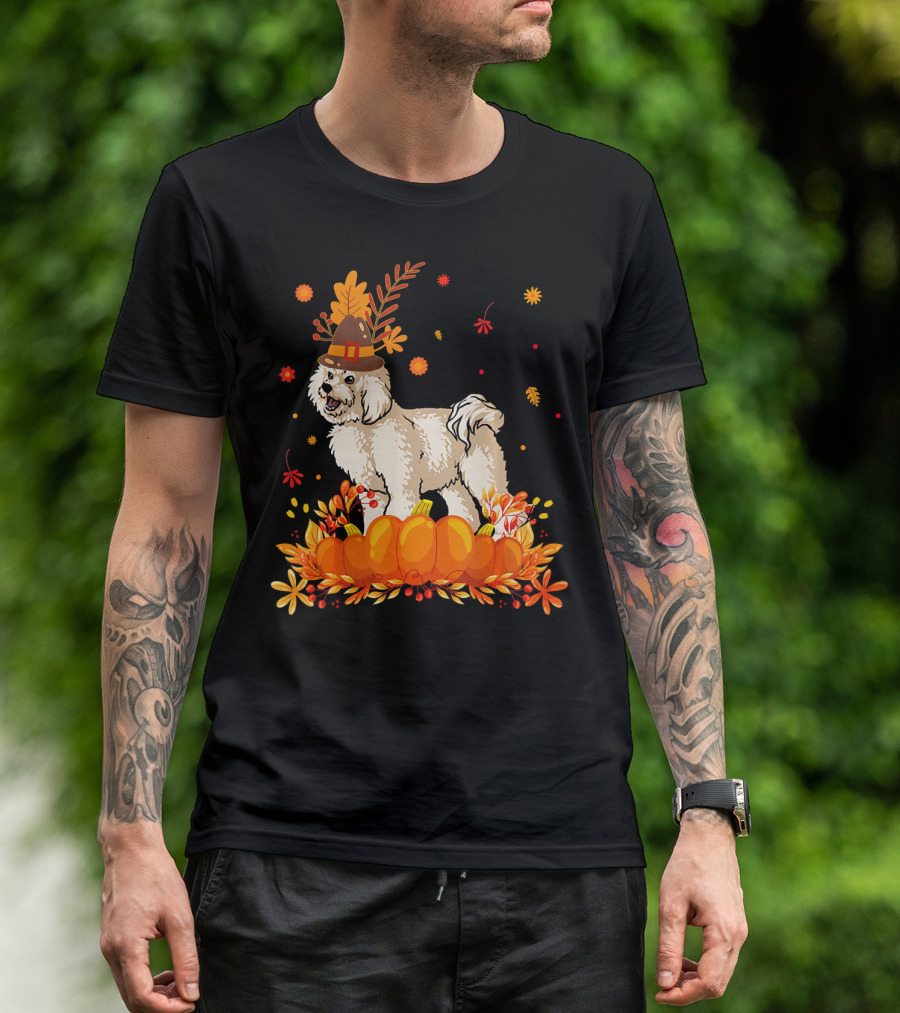 Cute Bichon Frise Autumn Pumpkins And Harvest Hat T-Shirt