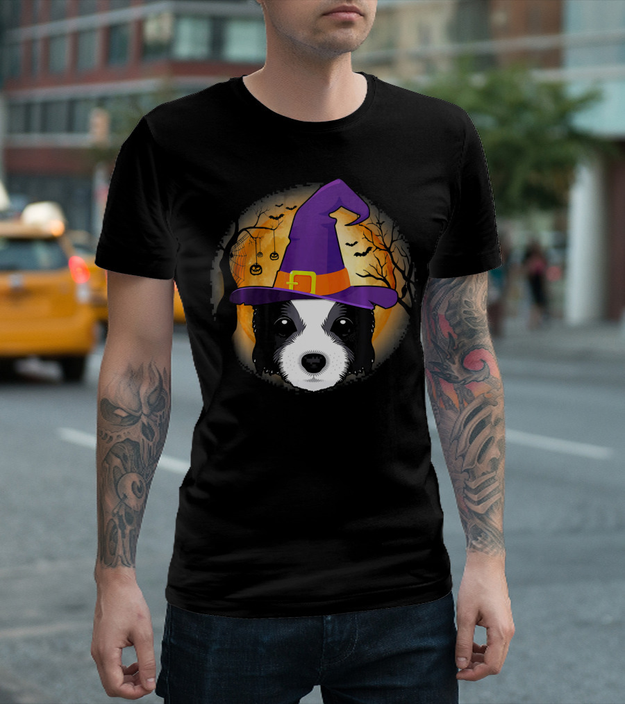 Border Collie Witch Halloween Night with Purple Witch Hat and Spooky Background T-Shirt