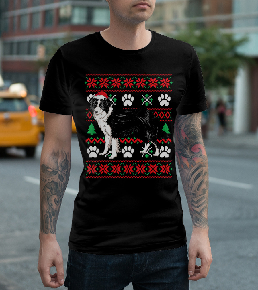 Border Collie Ugly Christmas Sweater Pattern with Paw Prints and Snowflakes T-Shirt