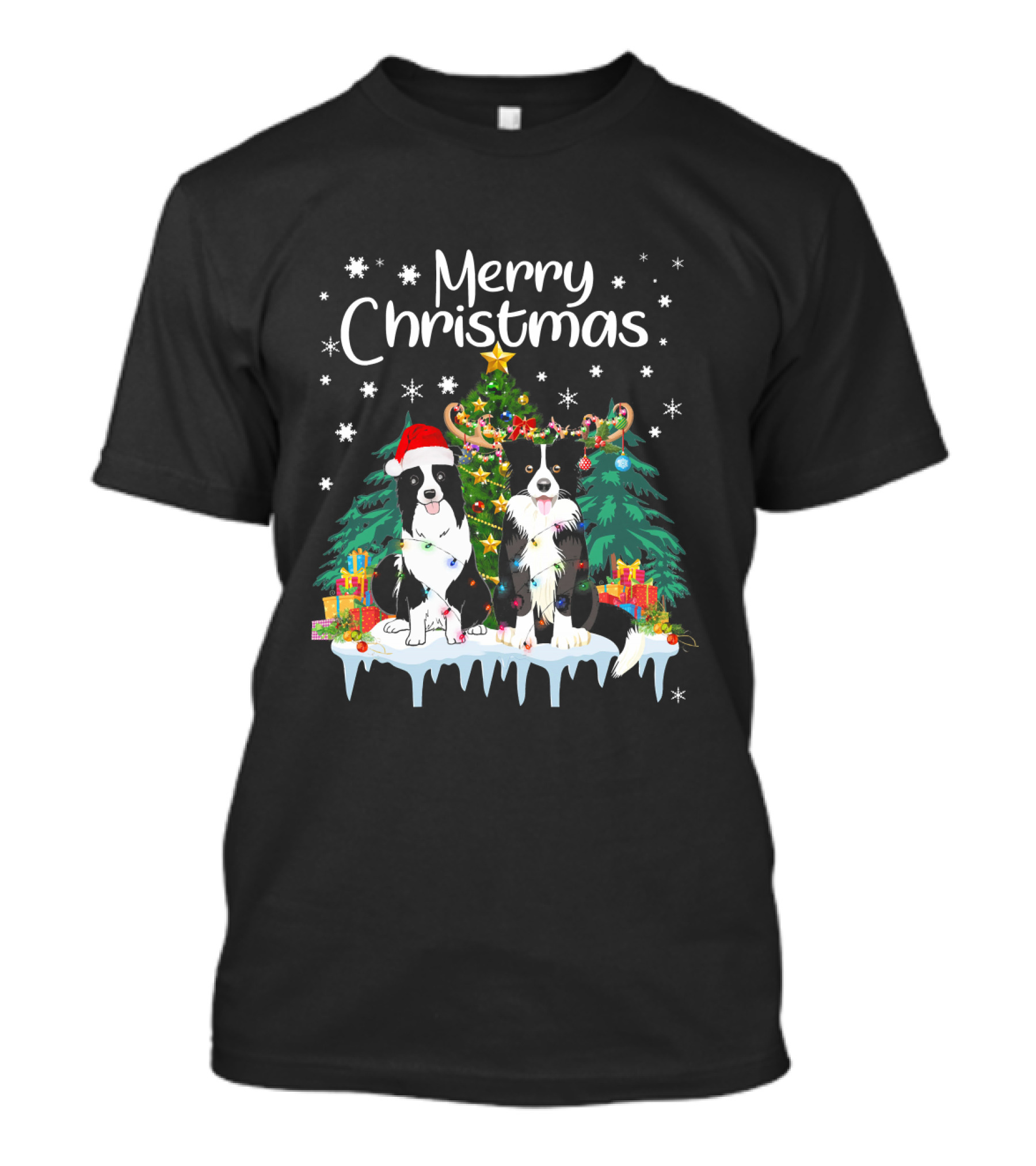 Merry Christmas Border Collie Santa Reindeer Lights Fun T-Shirt