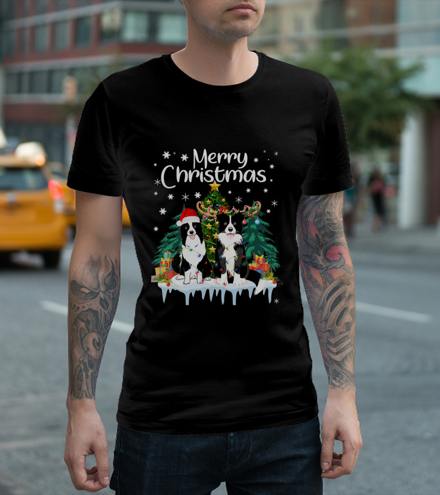 Merry Christmas Border Collie Santa Reindeer Lights Fun T-Shirt