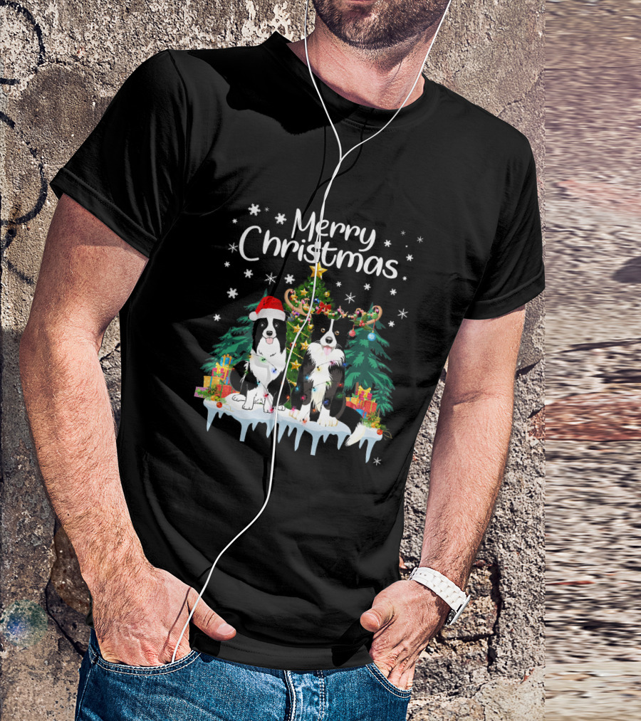 Merry Christmas Border Collie Santa Reindeer Lights Fun T-Shirt