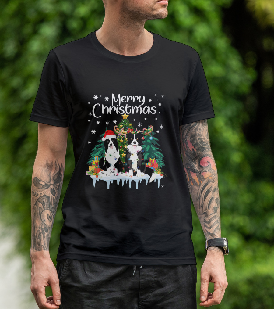 Merry Christmas Border Collie Santa Reindeer Lights Fun T-Shirt