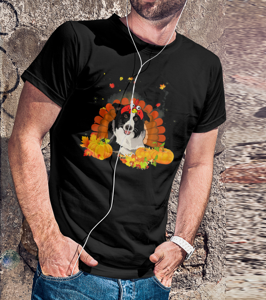 Border Collie Dog With Turkey Hat In Autumn Pumpkin Patch T-Shirt