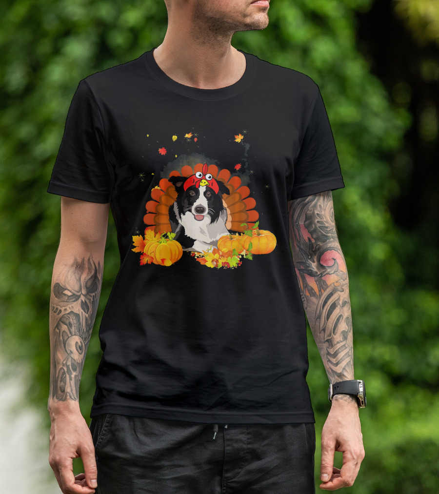 Border Collie Dog With Turkey Hat In Autumn Pumpkin Patch T-Shirt