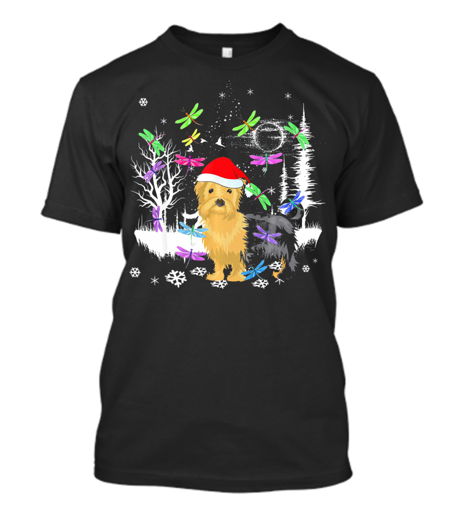 Yorkie Santa Winter Wonderland With Colorful Dragonflies T-Shirt