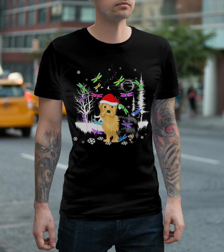 Yorkie Santa Winter Wonderland With Colorful Dragonflies T-Shirt