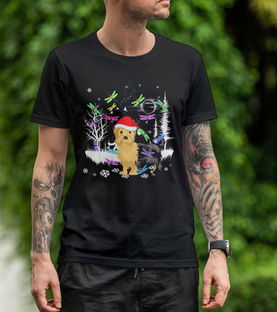 Yorkie Santa Winter Wonderland With Colorful Dragonflies T-Shirt