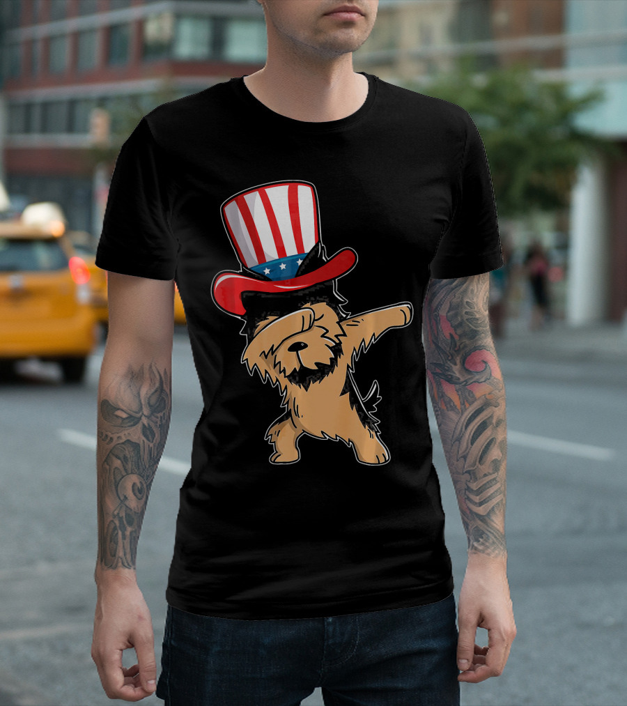 Dabbing Yorkie Dog Uncle Sam Hat American Flag T-Shirt