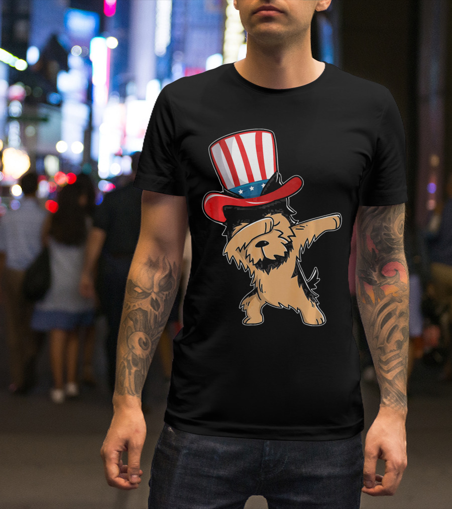Dabbing Yorkie Dog Uncle Sam Hat American Flag T-Shirt