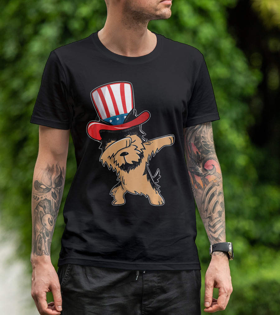 Dabbing Yorkie Dog Uncle Sam Hat American Flag T-Shirt