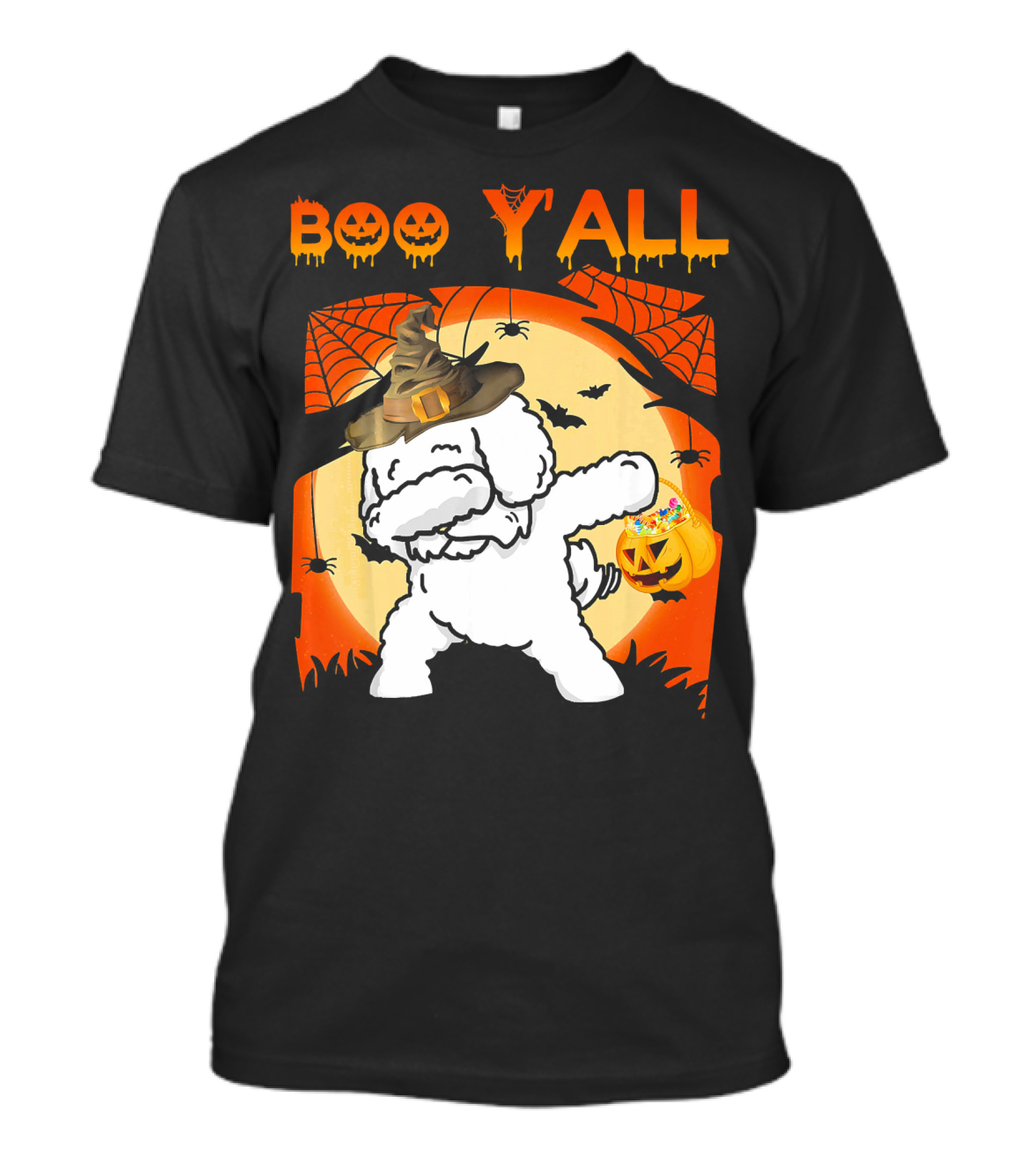 Bichon Frise Dabbing Boo Yall Halloween Ghost Hat Pumpkin Spiders Web T-Shirt