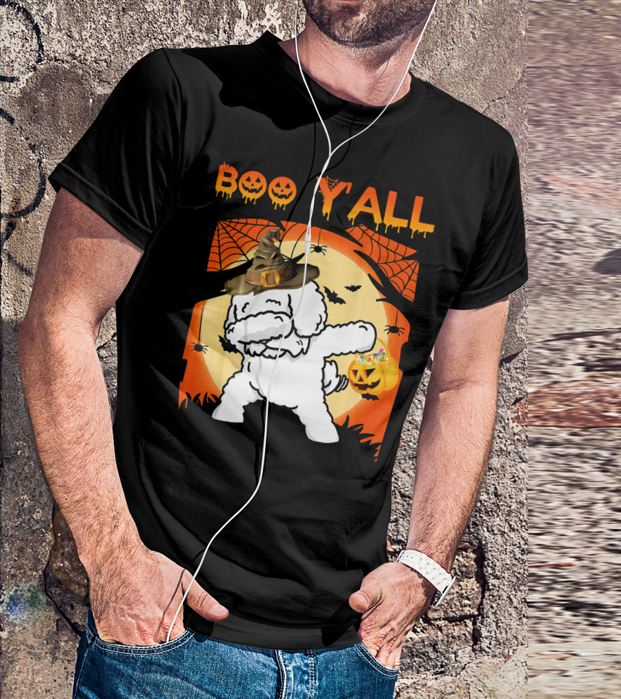 Bichon Frise Dabbing Boo Yall Halloween Ghost Hat Pumpkin Spiders Web T-Shirt