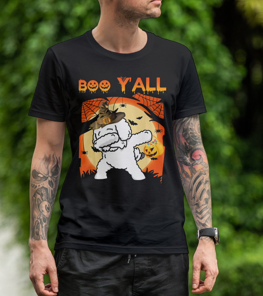 Bichon Frise Dabbing Boo Yall Halloween Ghost Hat Pumpkin Spiders Web T-Shirt