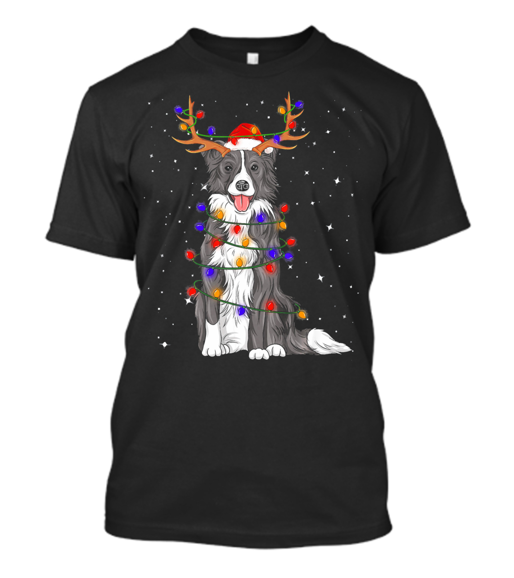 Border Collie Christmas Lights Reindeer Antlers Santa Hat T-Shirt