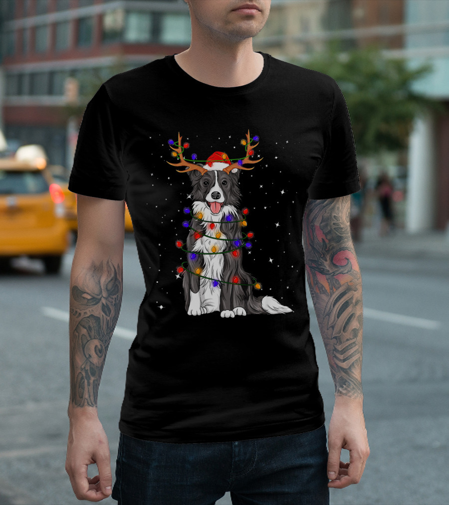 Border Collie Christmas Lights Reindeer Antlers Santa Hat T-Shirt