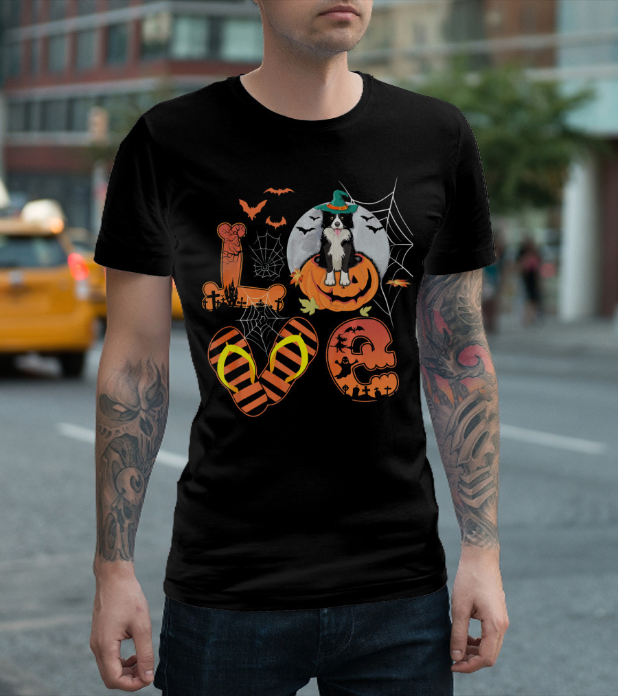 Border Collie Pumpkin Halloween Love Bat Spiderweb Moon Bats Hat T-Shirt