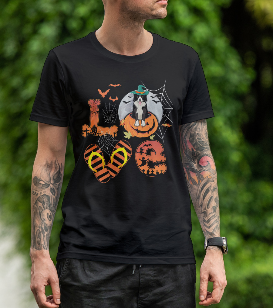 Border Collie Pumpkin Halloween Love Bat Spiderweb Moon Bats Hat T-Shirt