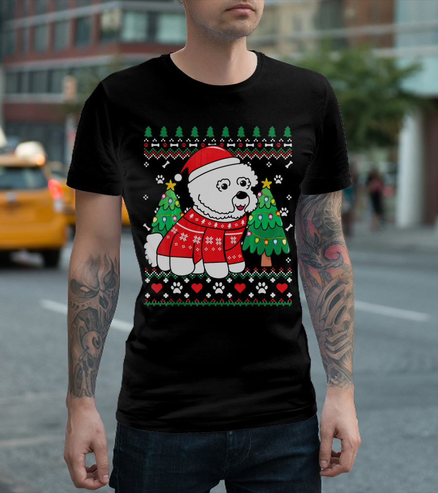Bichon Frise in Christmas Sweater with Trees and Santa Hat T-Shirt
