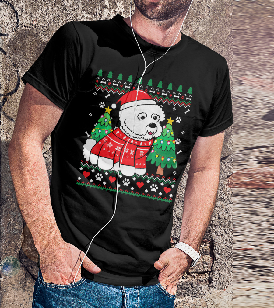 Bichon Frise In Christmas Sweater With Trees And Santa Hat T-Shirt
