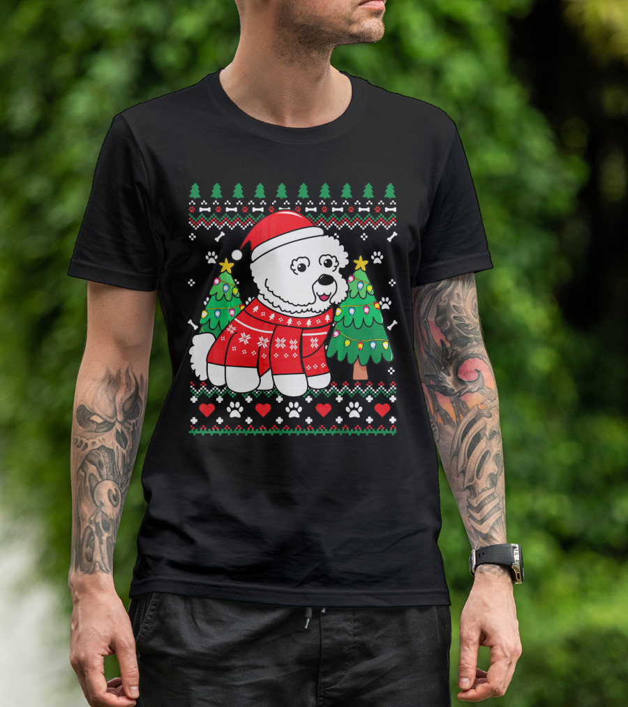Bichon Frise In Christmas Sweater With Trees And Santa Hat T-Shirt