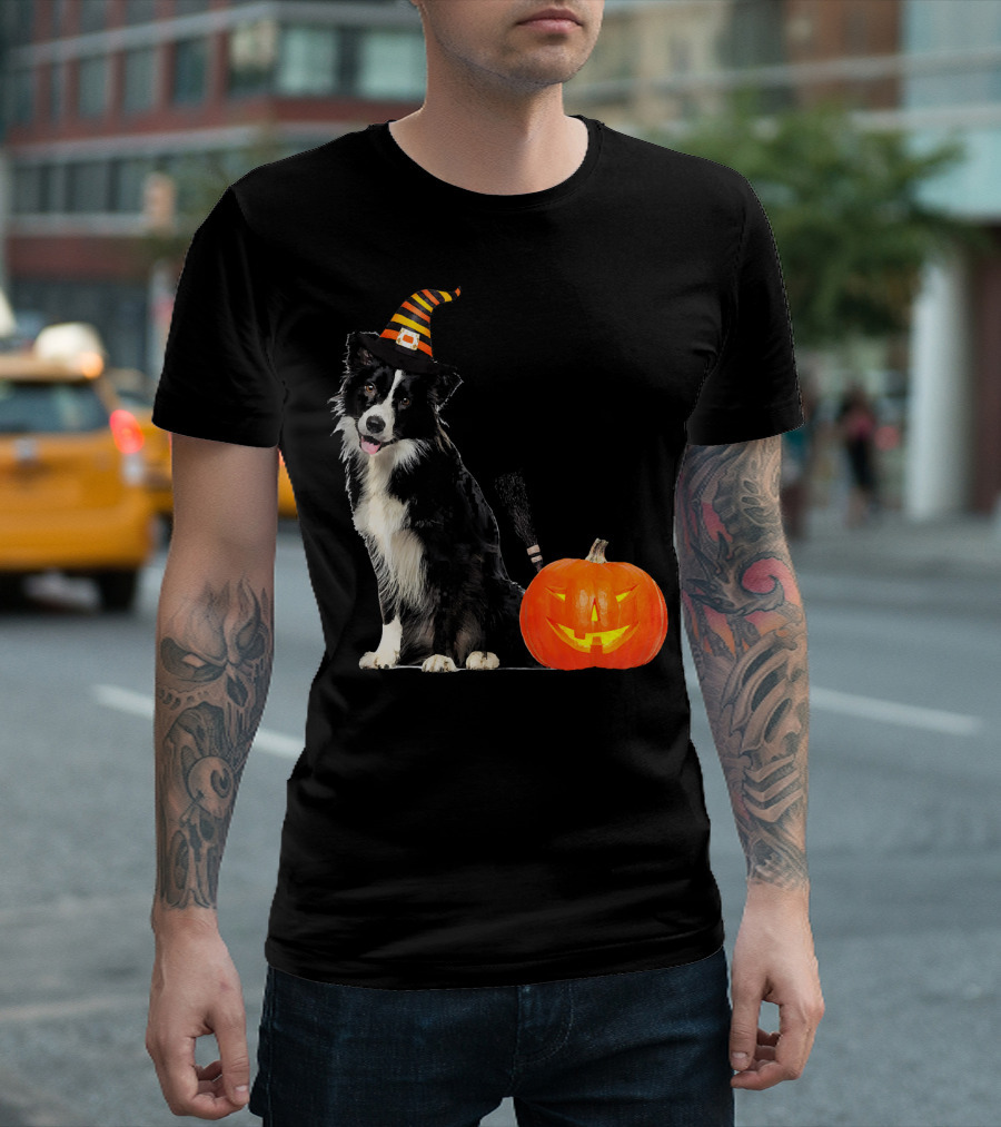 Border Collie Witch Hat Halloween Dog Pumpkin T-Shirt
