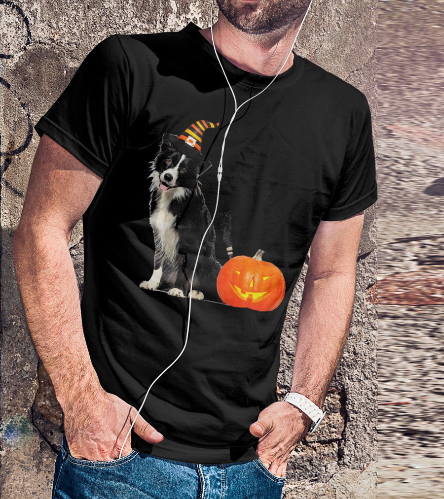 Border Collie Witch Hat Halloween Dog Pumpkin T-Shirt